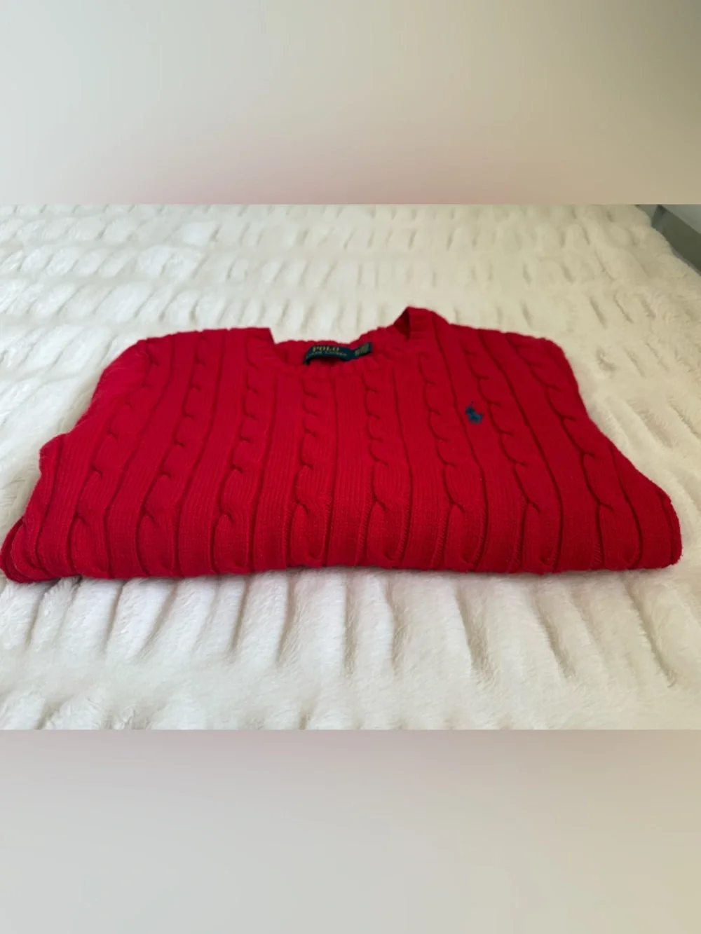 Polo by Ralph Lauren Red Cable Knit Crewneck Sweater with Navy Pony - Picture 5 of 5